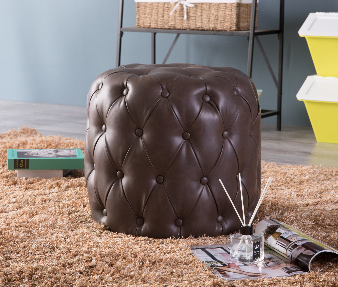 Brown Tufted Modern Leather Round Ottoman Stool