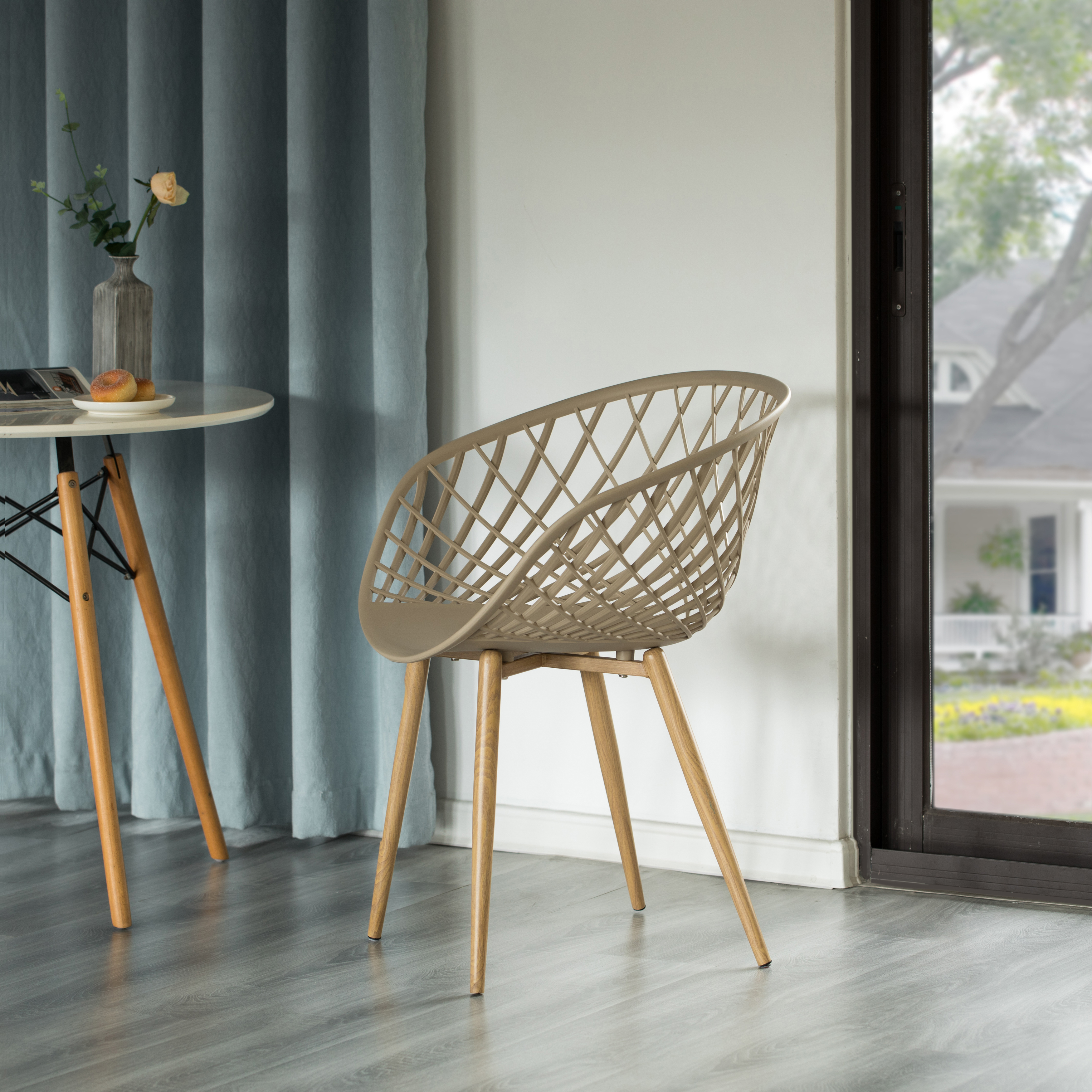 Modern Nude Sidera Plastic Chair Crosshatch Lattice Back with Metal Wood Look Legs