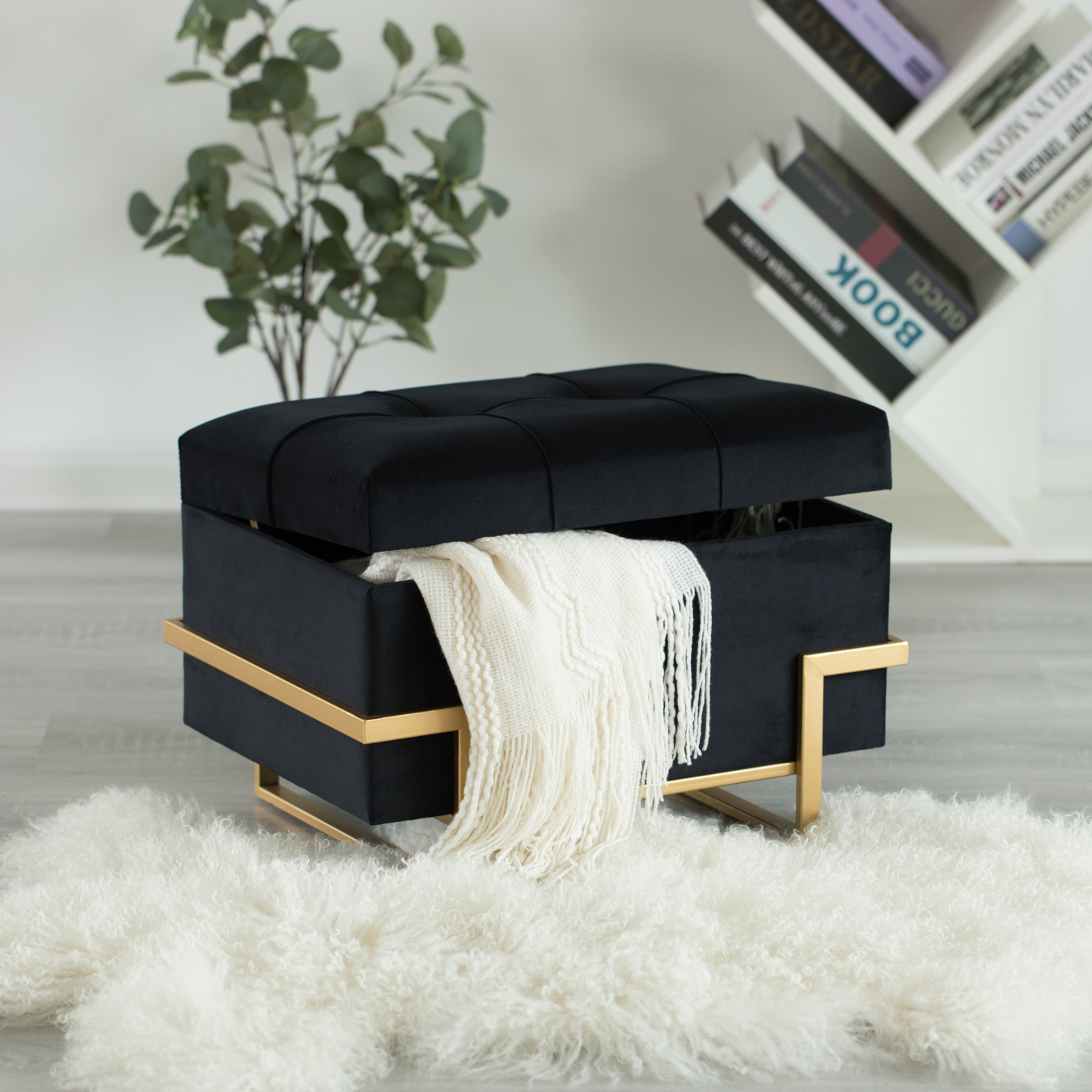 Black Rectangular Velvet Storage Ottoman with Gold Legs